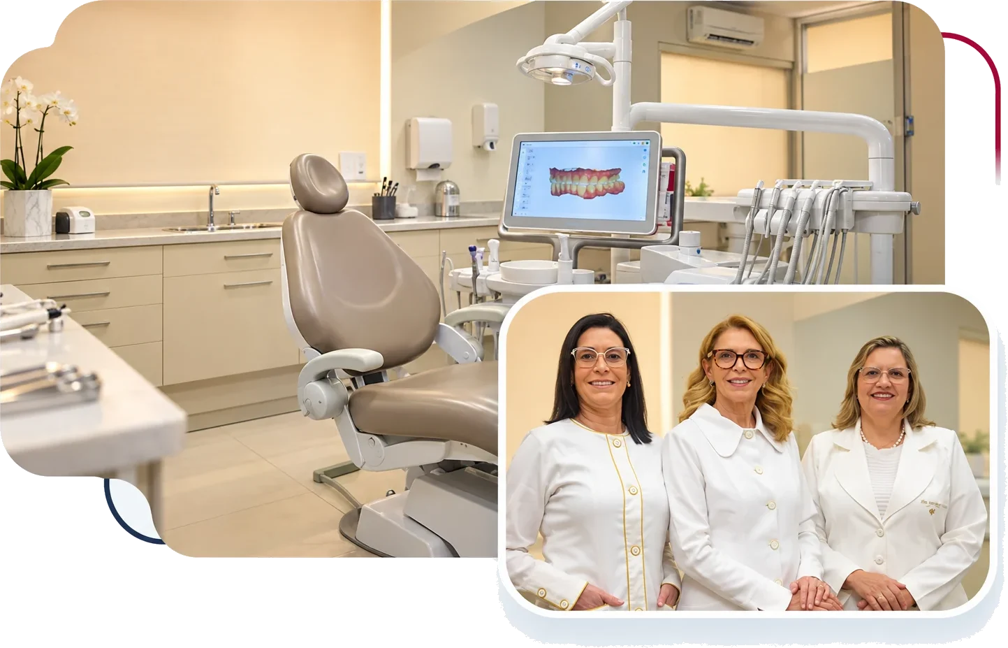 Consultório da Croorto Odontologia e, em destaque, Dra. Leandra C.S.F.P. Fernandes, Dra. Ilza M. Demarchi e Dra. Luciana Scaraboto